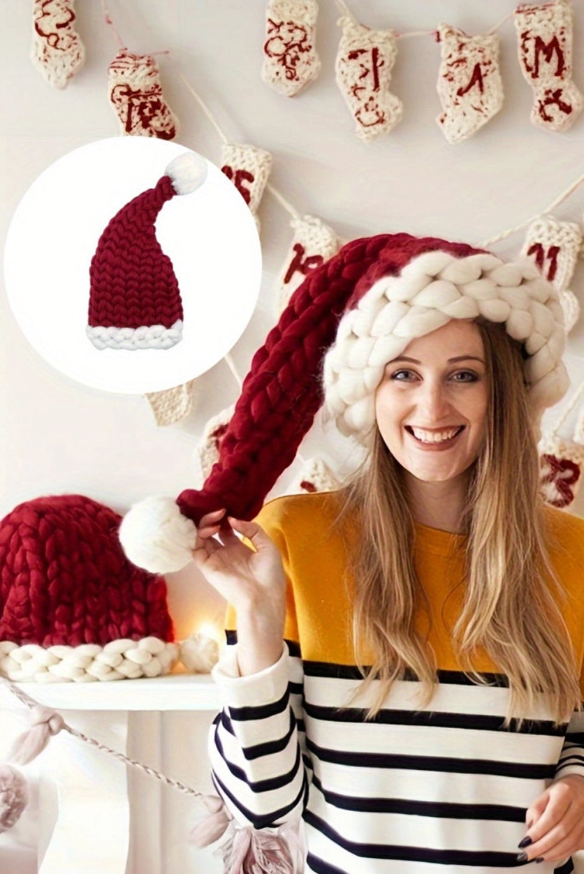 Red Dahlia Block Pom Pom Decor Chunky Knitted Santa Hat