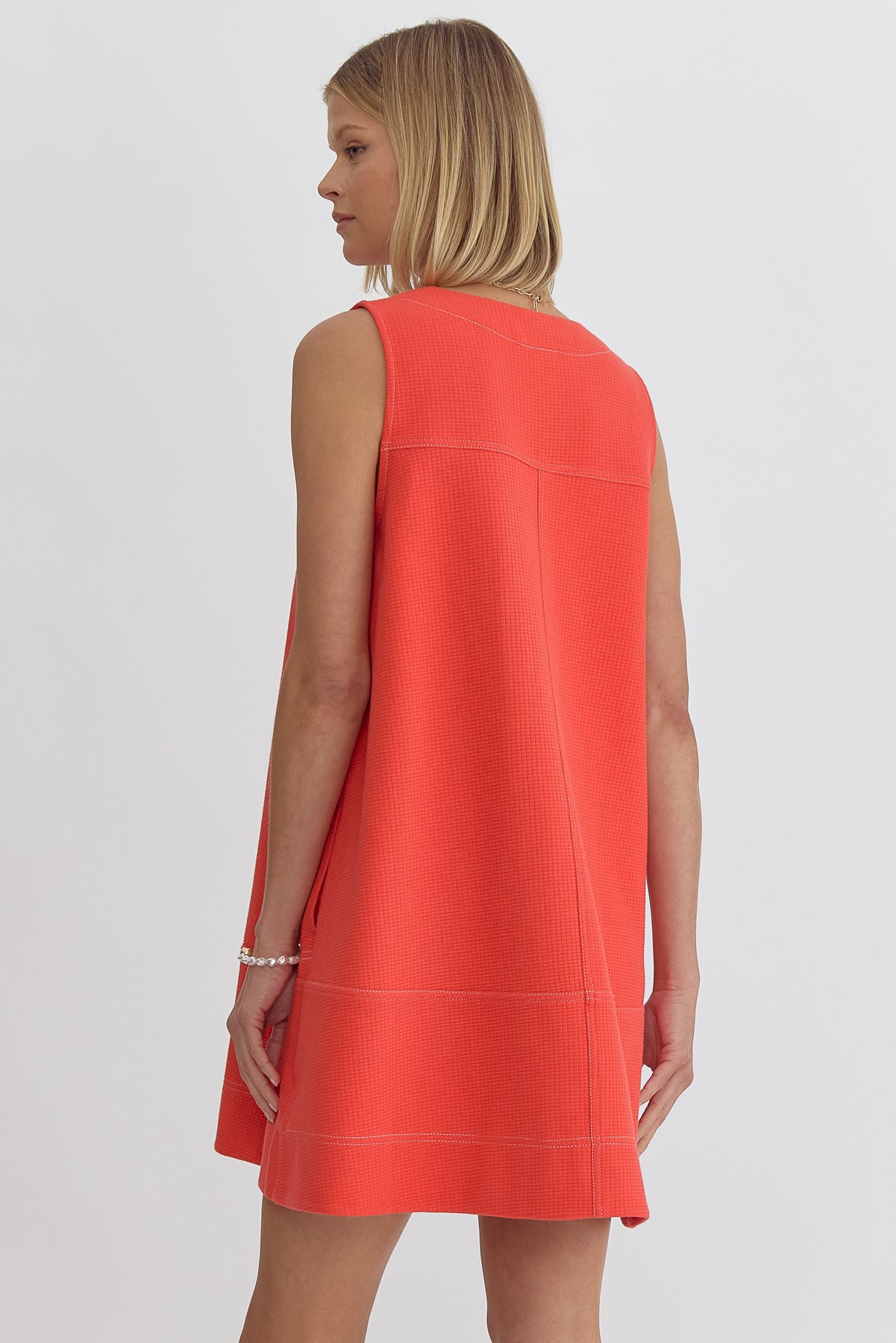 Solid V Neck Sleeveless Mini Dress w/ Front Zipper