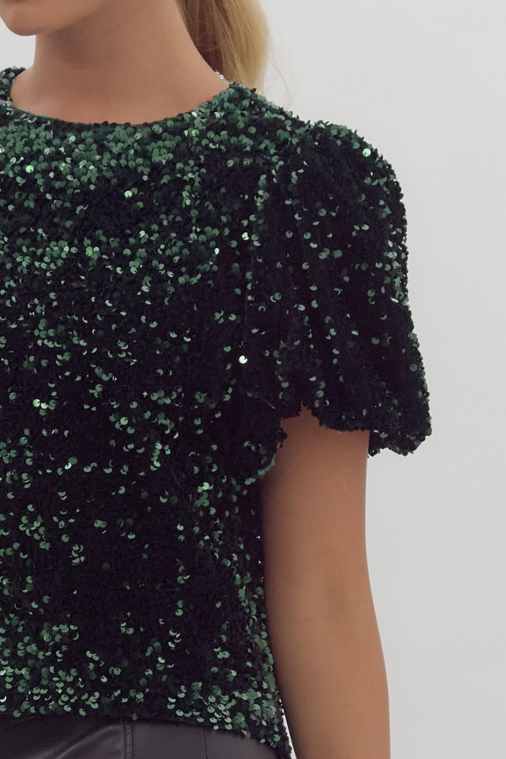 Sequin embellishments short bubble sleeve top w/ sequin bow closure at back