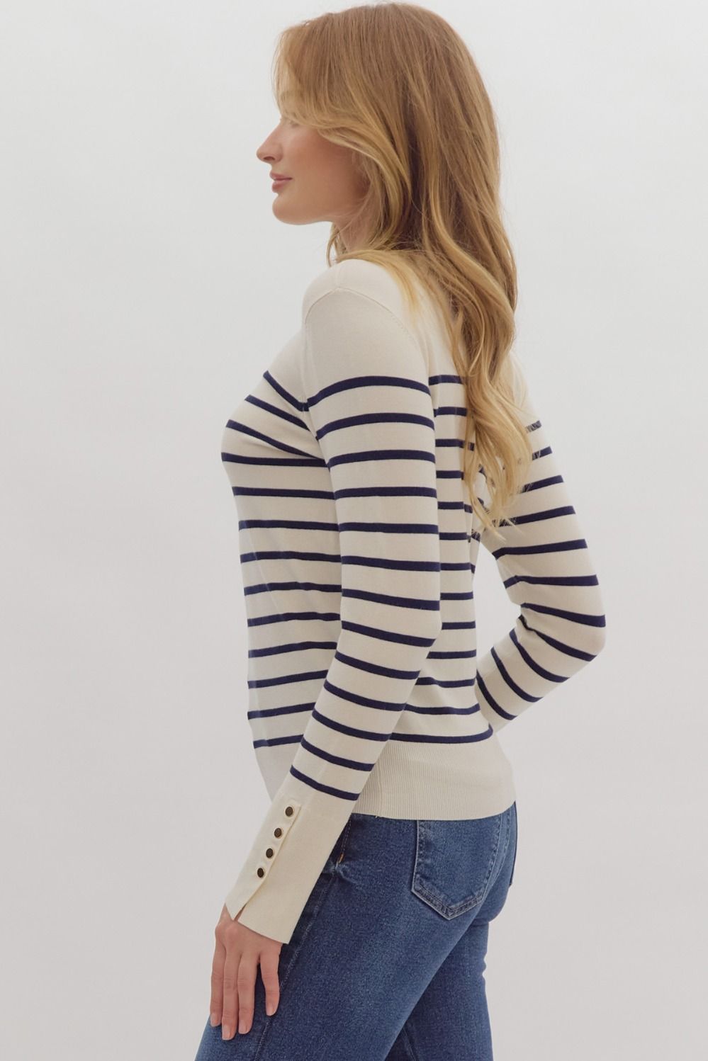 Ecru Stripe print long sleeve round neck top w/ button up detail at cuff