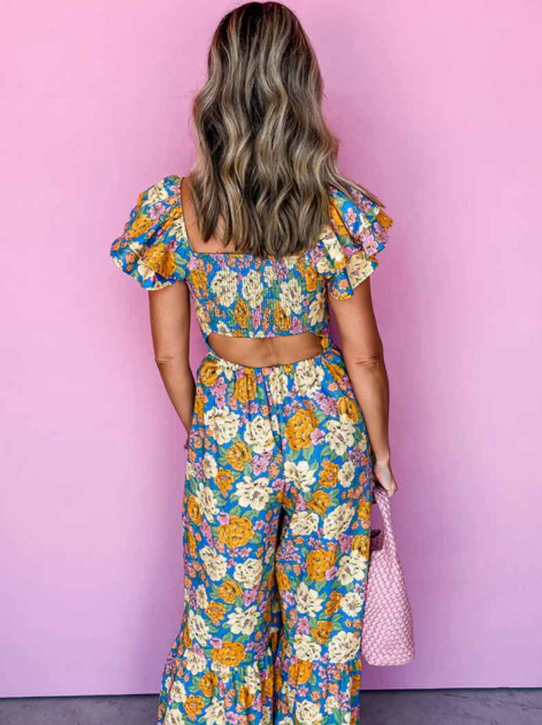Yellow floral all over print shirred cut out high waist jumpsuit