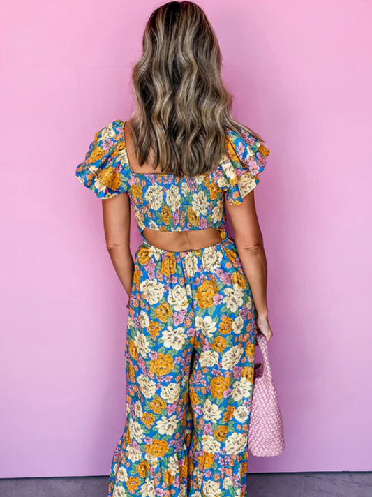 Yellow floral all over print shirred cut out high waist jumpsuit