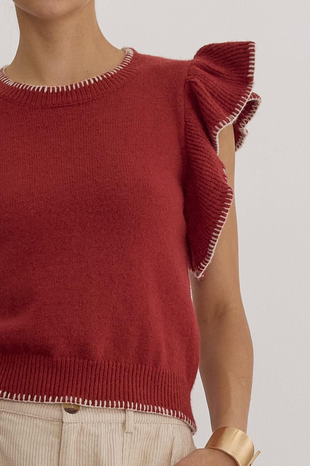 Solid Round Neck Ruffle Sleeve Top w/ Contrast Stitching