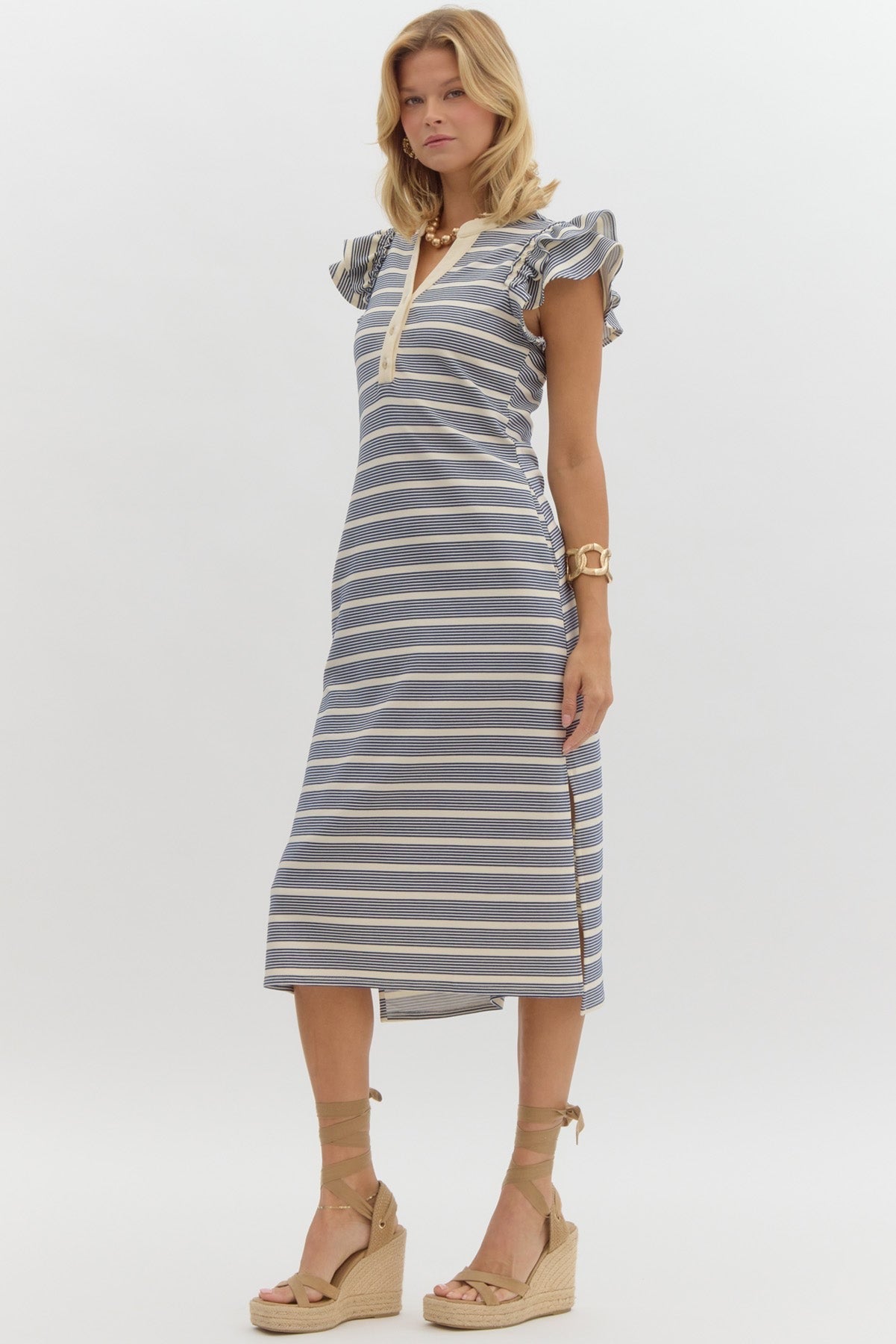 Navy striped midi dress w/ ruffle sleeves & buttons