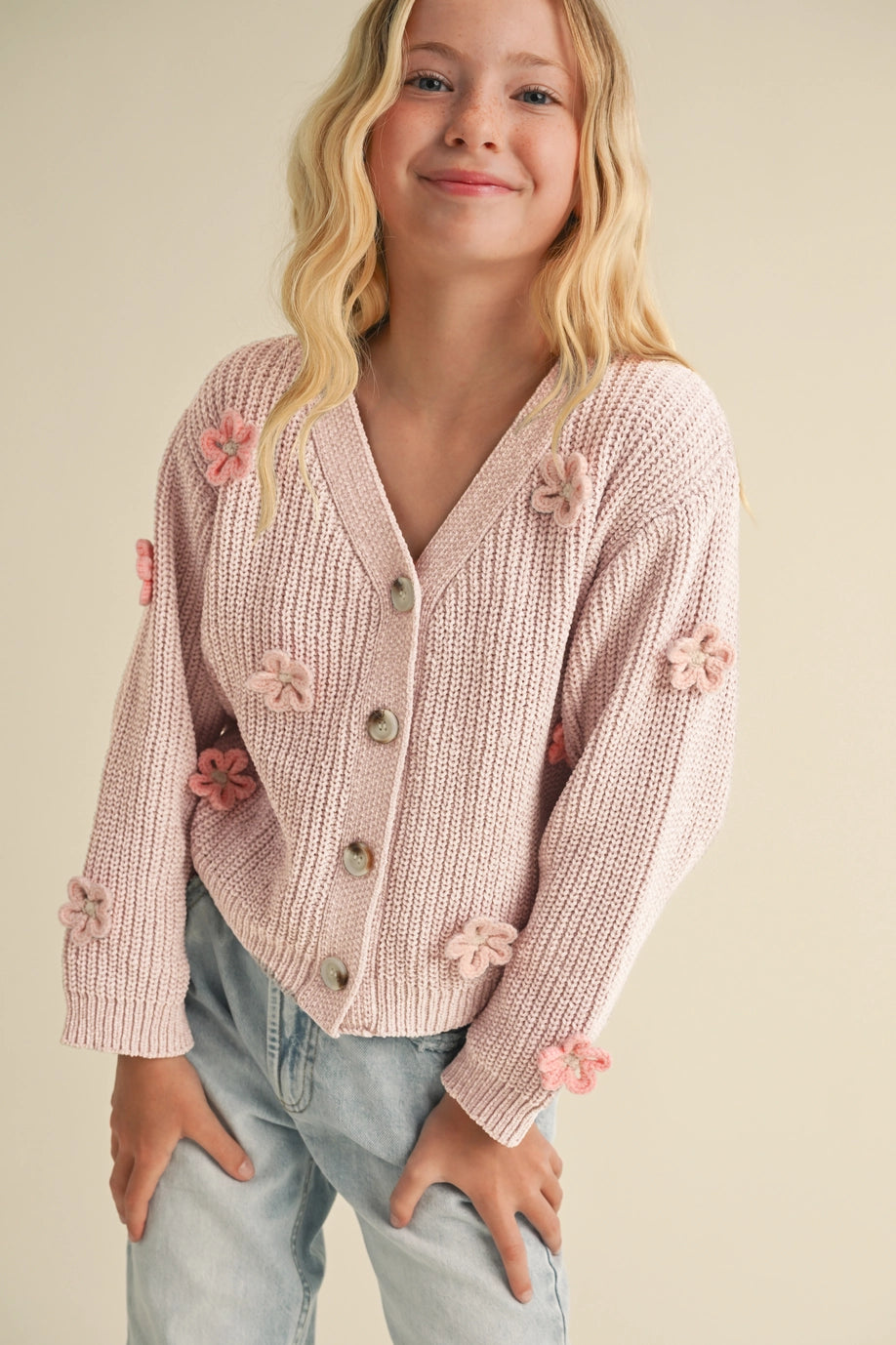 Tween Kids Girls Cardigan w/ 3D Crochet Flow