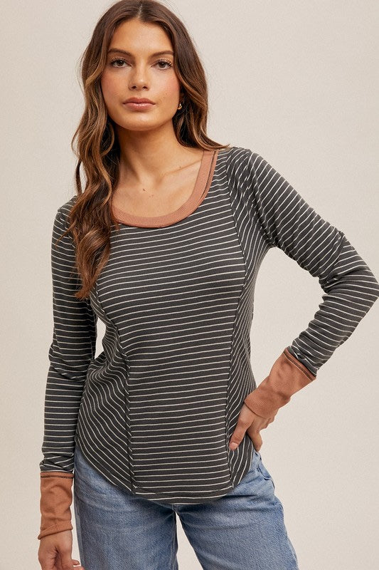 Boat Neck Ribbed Stripe Long Sleeve Top