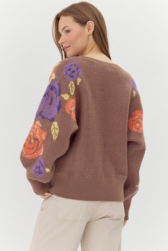 Floral print dolman sleeves knit sweater