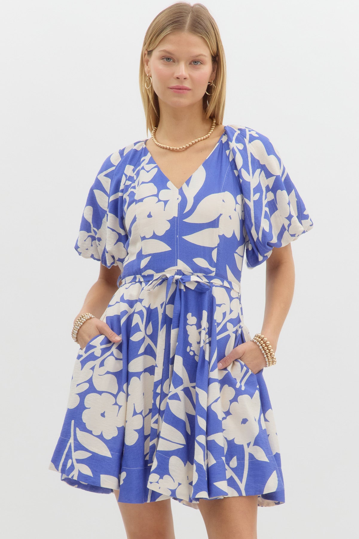 Blue and White Floral Mini Dress w/ Puff Sleeve and Self Tie