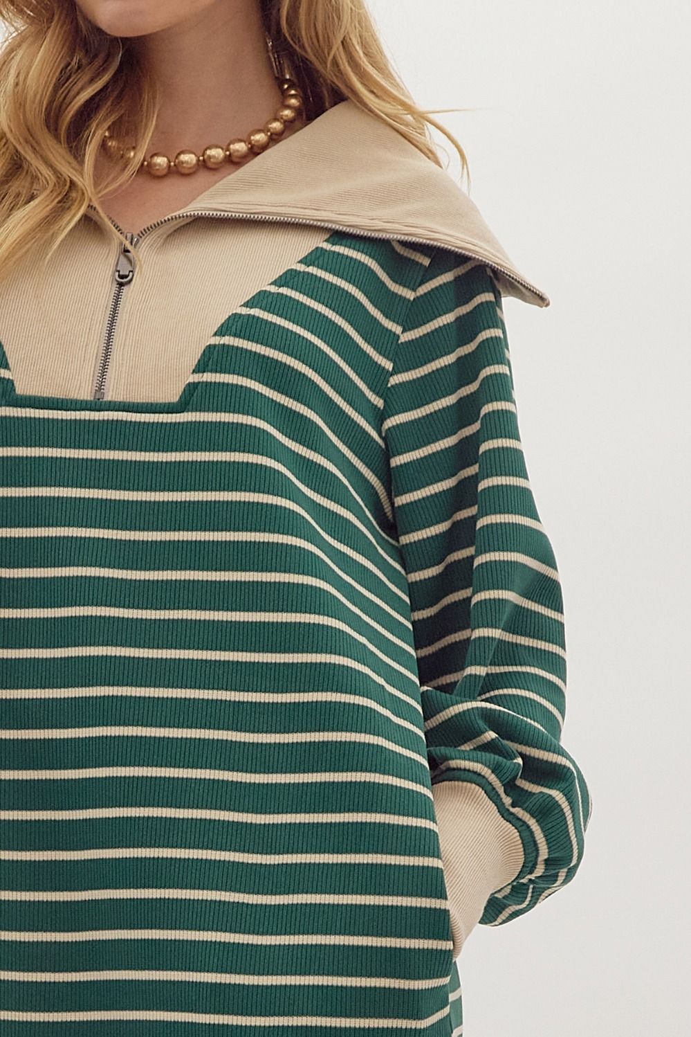 Striped Print Ribbed Zip Up Long Sleeve Mini Dress w/ Oversized Collar