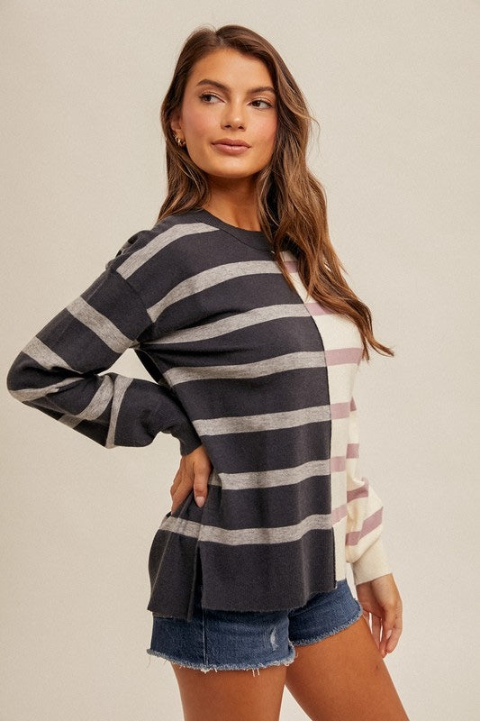 Striped Dolman Sleeve Back Lave Sweater