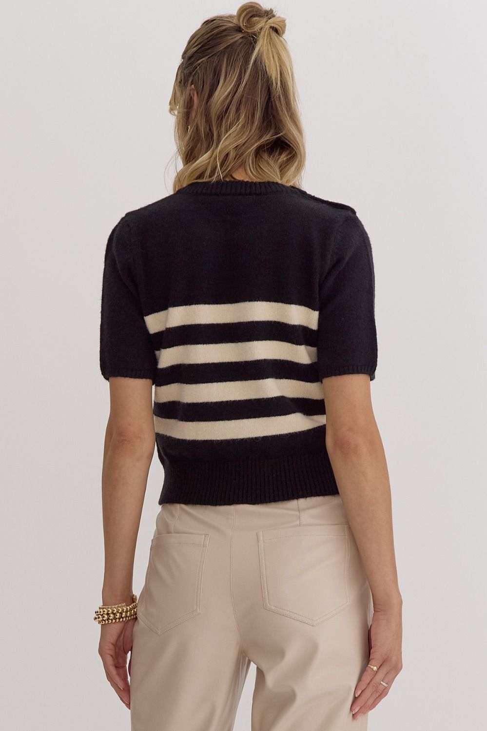 Stripe Print Round Neck Short Sleeve Knit Top