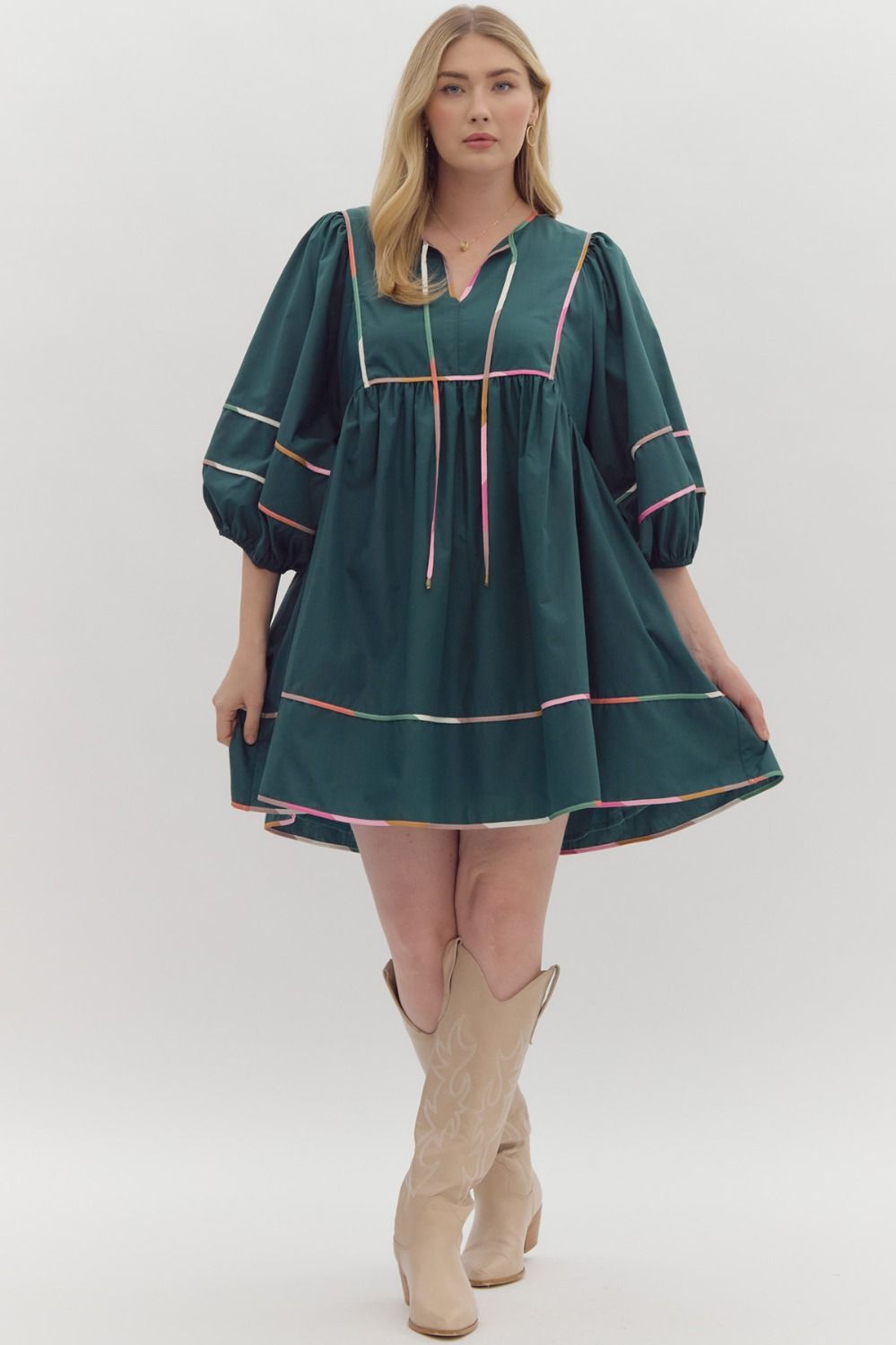 Solid Half Sleeve V Neck Mini Dress w/ Side Pockets & ColorBlock Trim