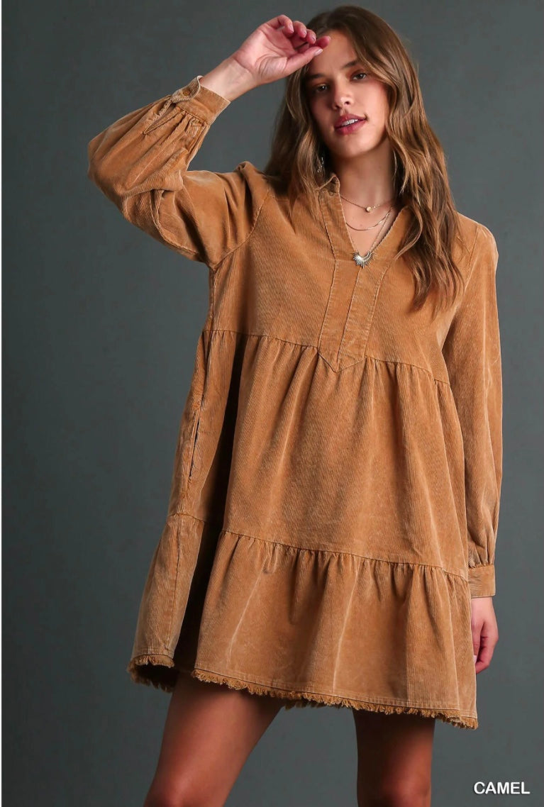 Mineral Wash Corduroy Tiered Dress w/ Fringe & Side Pockets