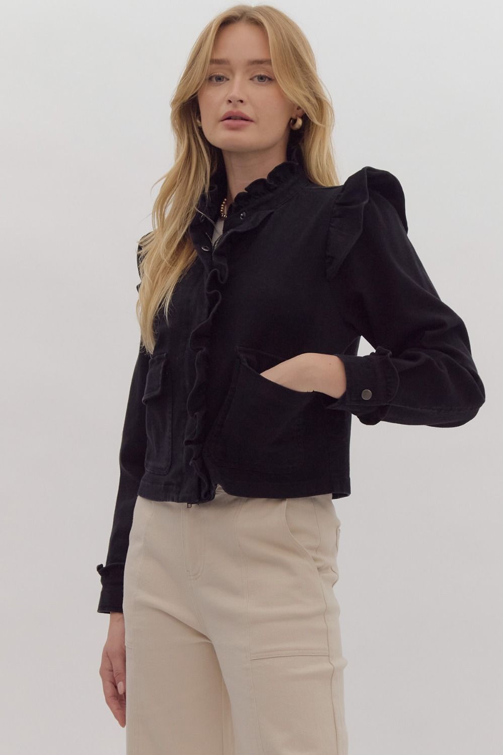 Solid cropped zip-up utility jacket w/ Ruffle detail. Pockets. Snap buttons