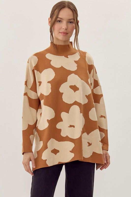 Flower print knitted pullover top