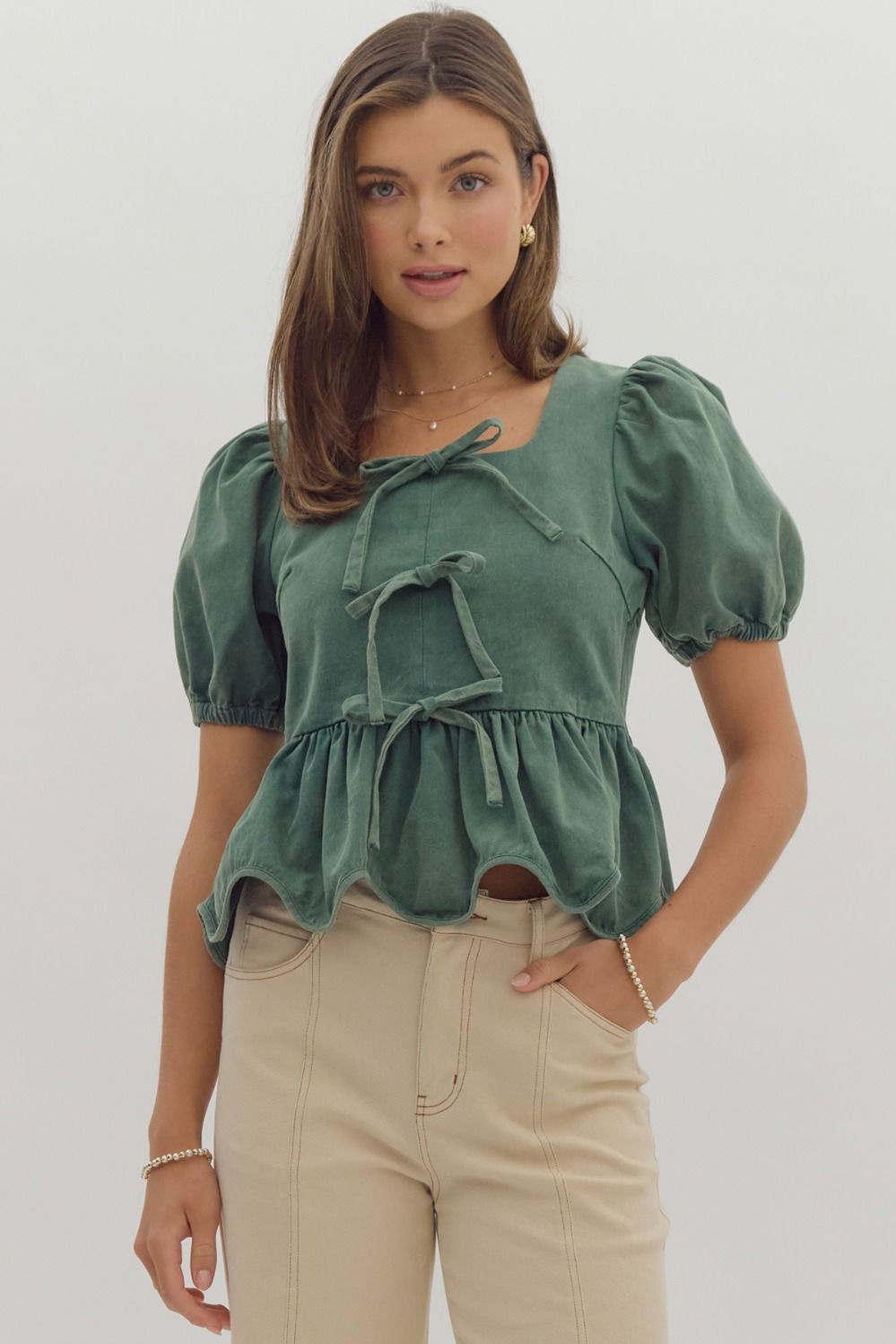 Solid Short Puff Sleeve Square Neck Ruffled Peplum Top w/ Bow Detail