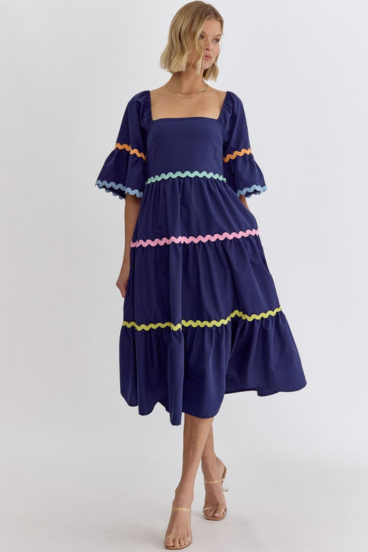 Solid Square Neck Sleeveless Midi Dress w/ Rick Rack Detail
