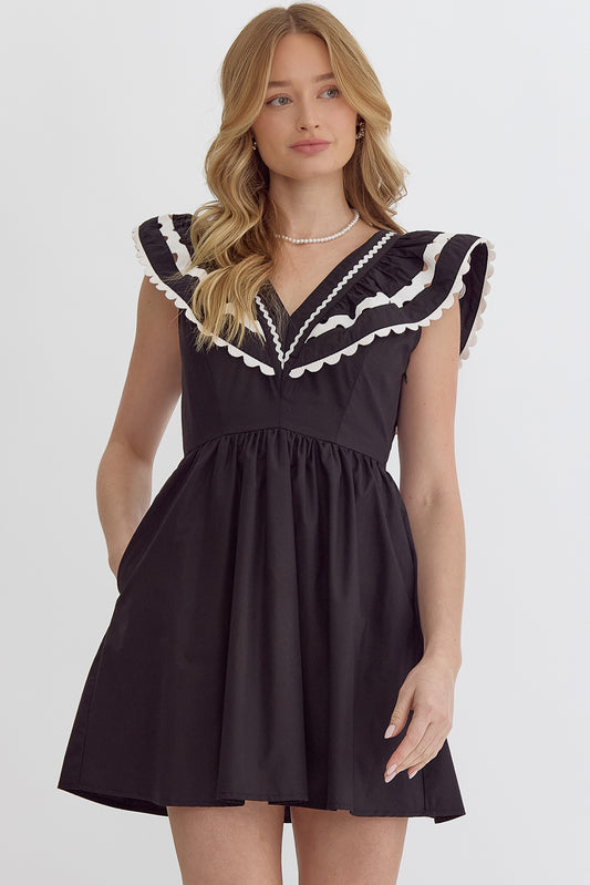 V-neck mini dress black with white trim