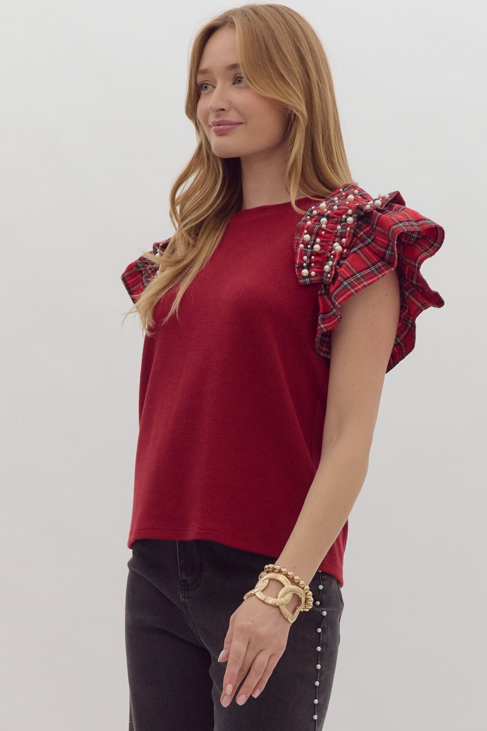 Solid Ribbed Short Sleeve Top w/ Plaid Ruffled Sleeves w/ Pearl Embellishment