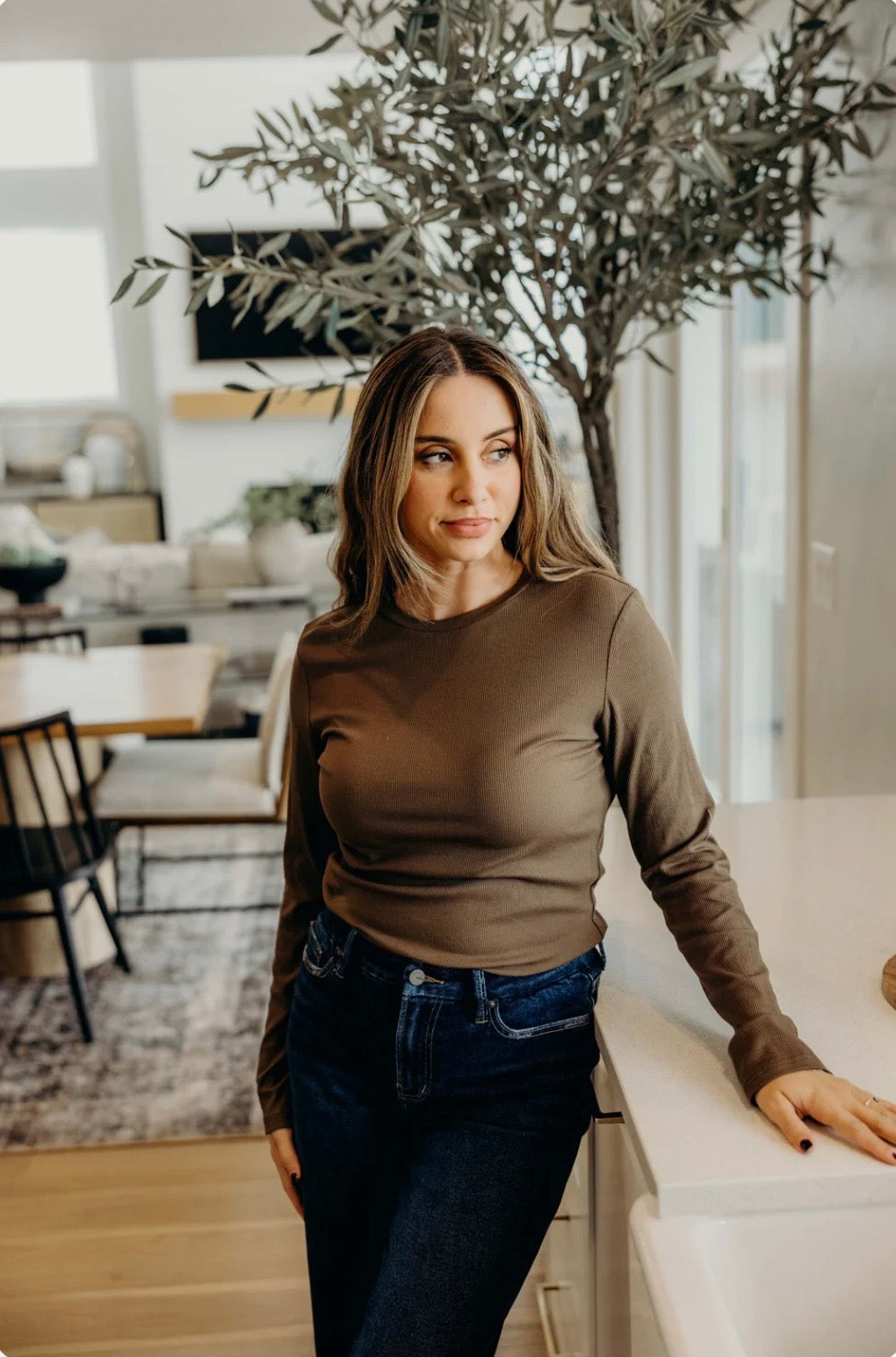 High neck long sleeve tee in dried sage