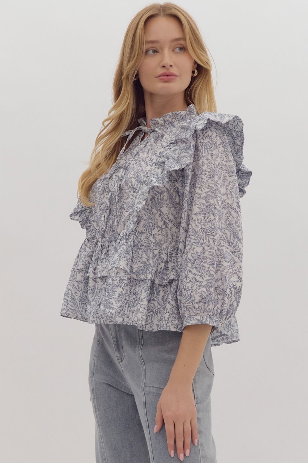 Botanical Print Relaxed Fit Peplum Top w/ Scallop Finished Ruffle Detail
