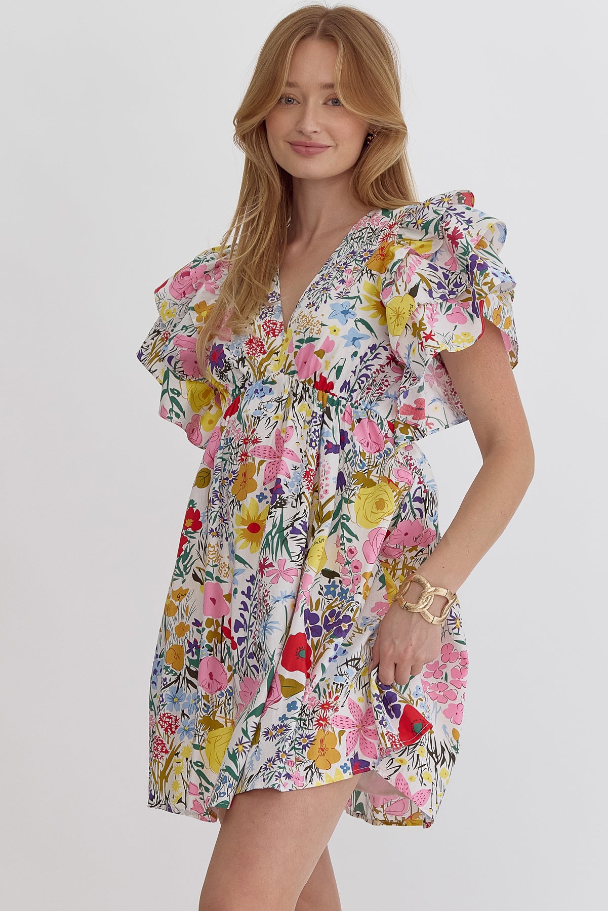 Puff sleeve floral print dress v-neck