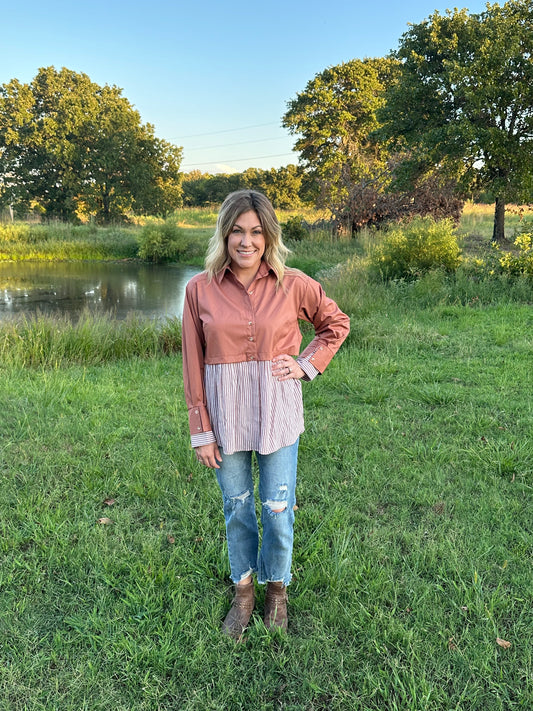Solid & stripe twofer longsleeve collared top w/ button detail @ bust & cuff