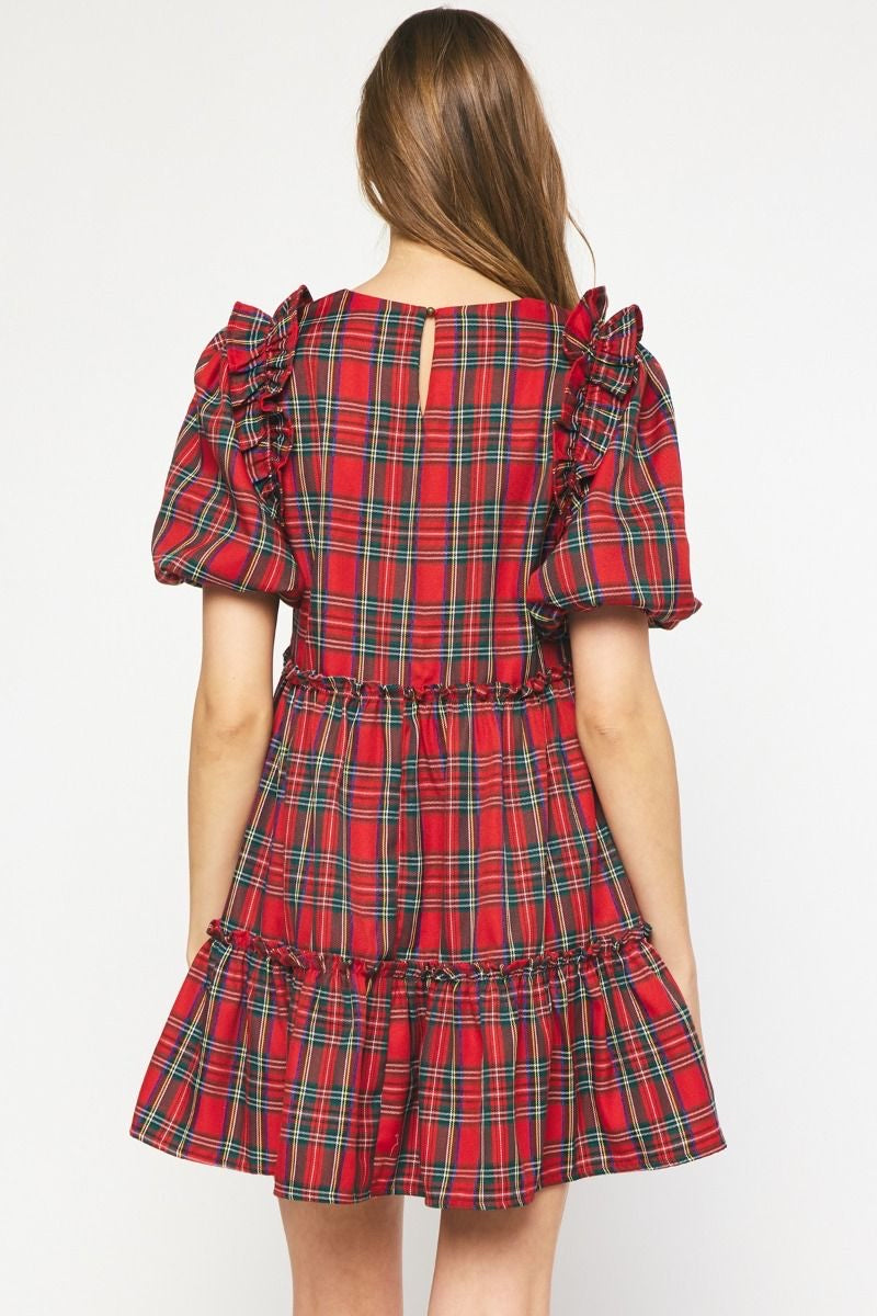 Plaid Short Sleeve Tiered Mini Dress w/ Ruffle Trim & Puff Sleeves