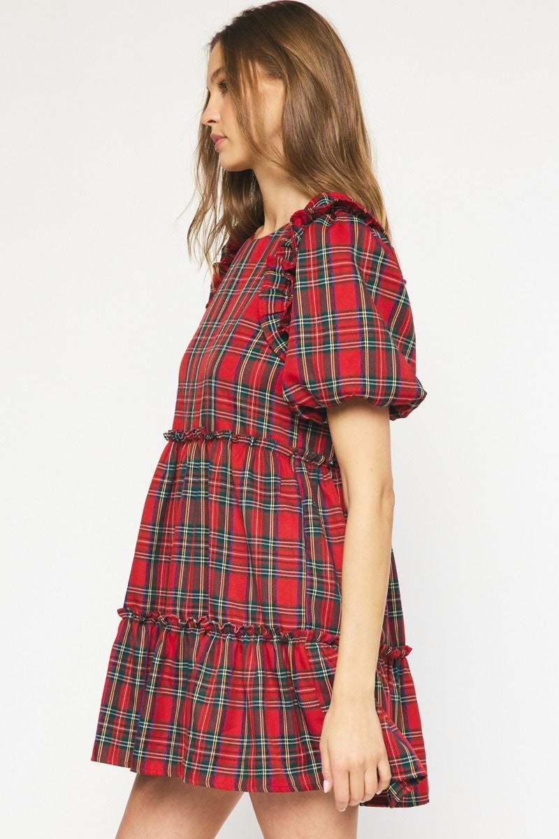 Plaid Short Sleeve Tiered Mini Dress w/ Ruffle Trim & Puff Sleeves