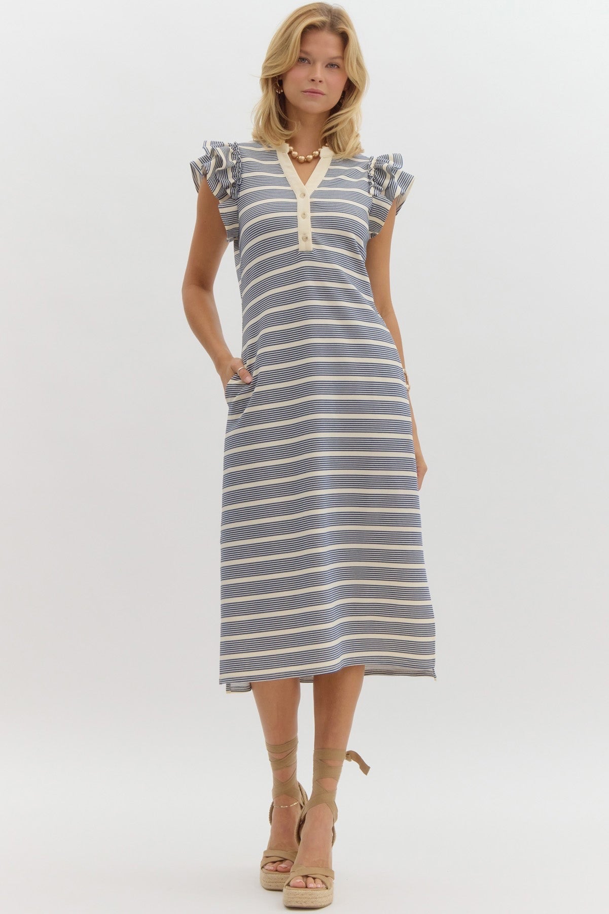 Navy striped midi dress w/ ruffle sleeves & buttons