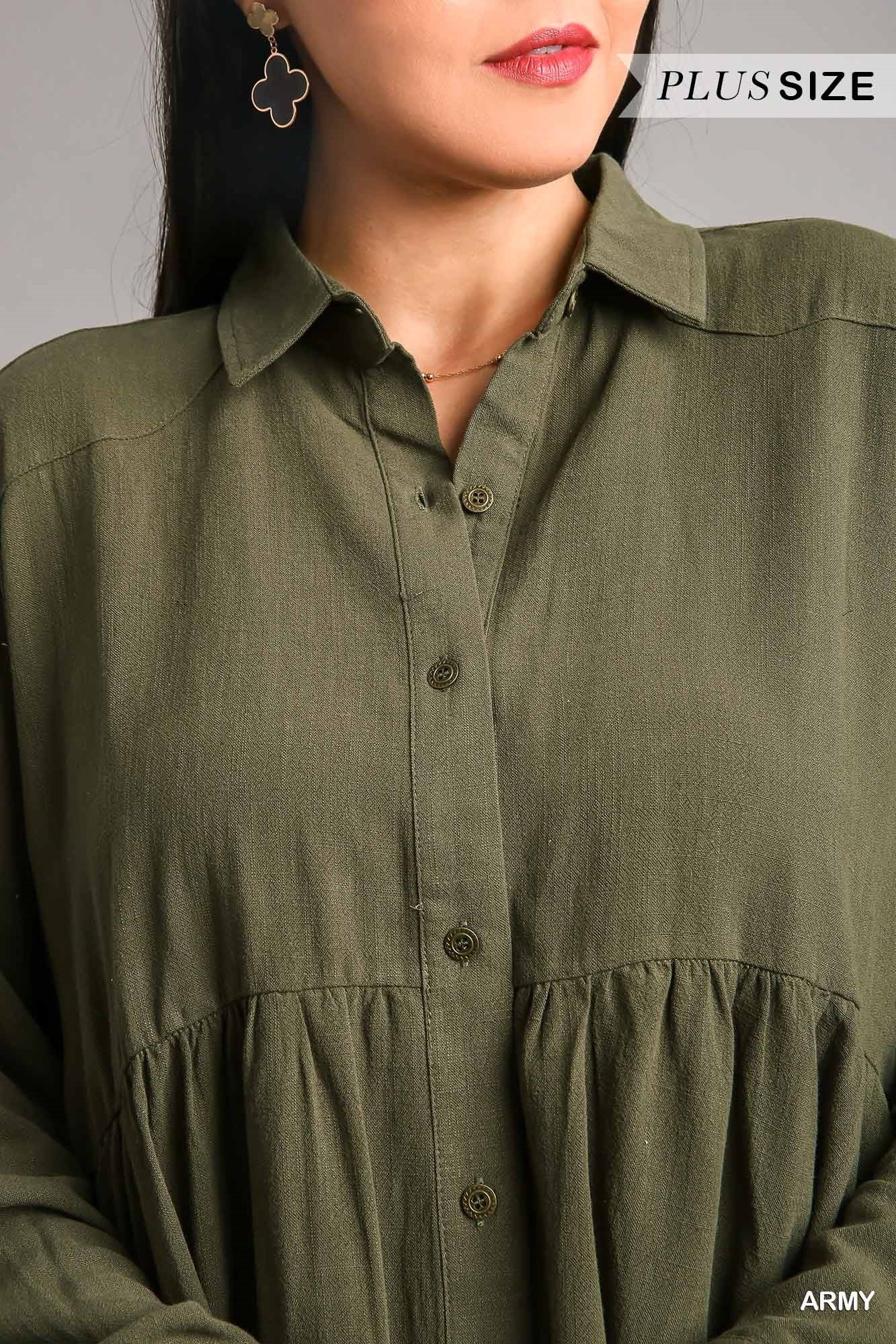 Linen Blend Button Down Collar Babydoll Shirt w/ Ruffle High Low Hem