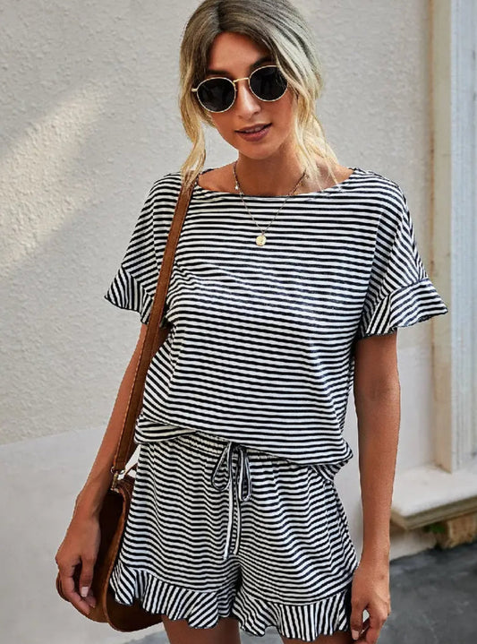 Black & White Round Neck Striped Top Short Set