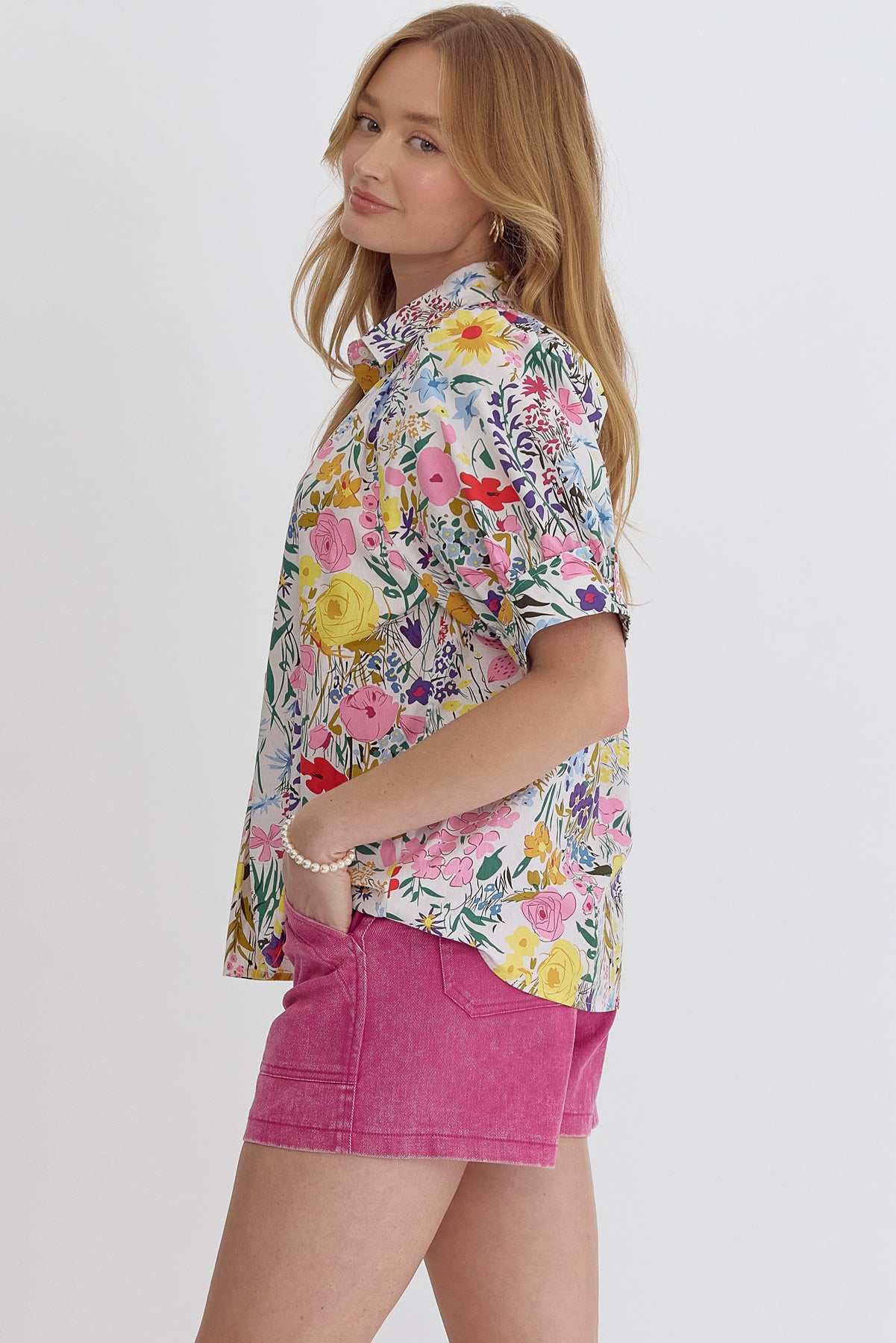 Puff sleeve floral collared top