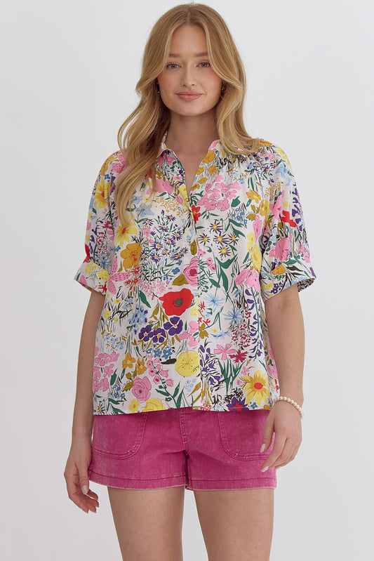 Puff sleeve floral collared top