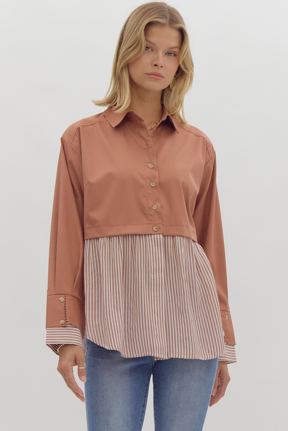Solid & stripe twofer longsleeve collared top w/ button detail @ bust & cuff