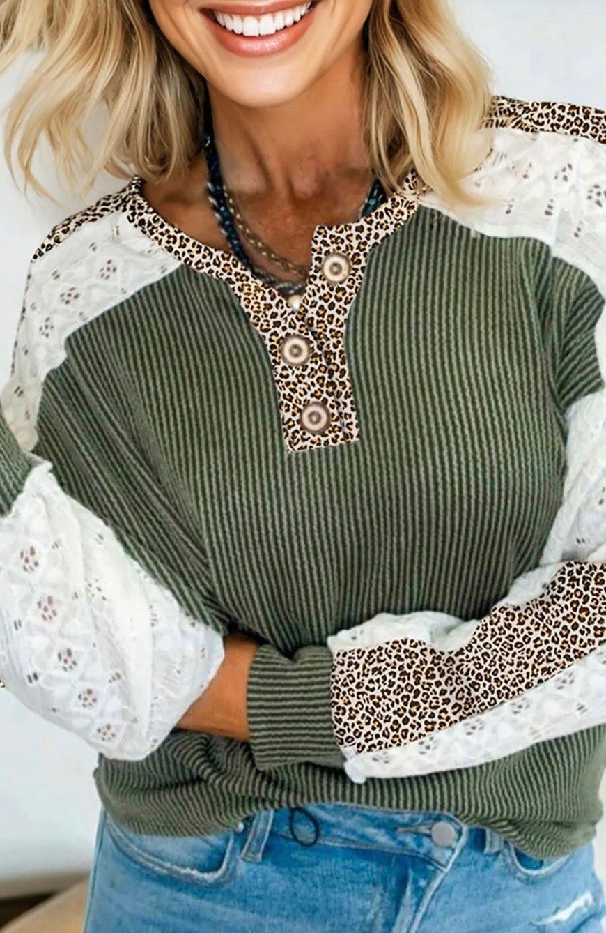 Vineyard Green Twisted Ribbed Leopard Lace Contrast Patchwork Long Sleeve Top
