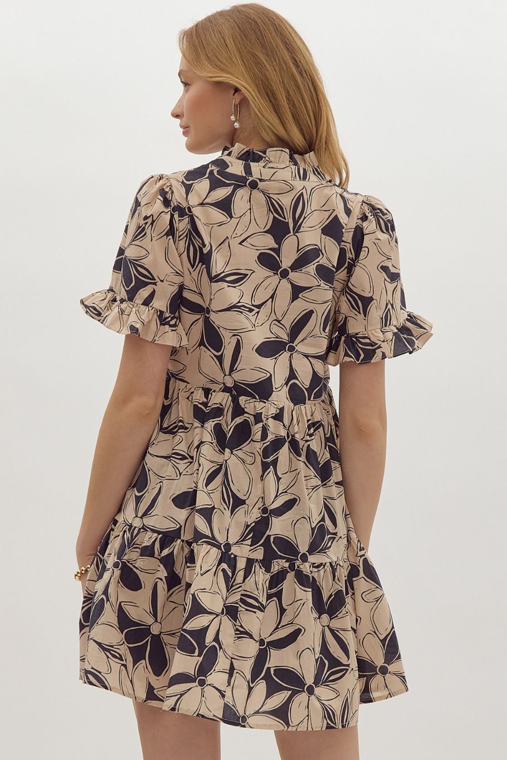 Floral Print V Neck Short Sleeve Mini Dress w/ Ruffle