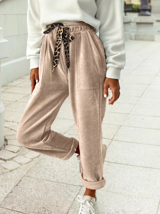 Corduroy Leopard Drawstring High Waist Lounge Pants