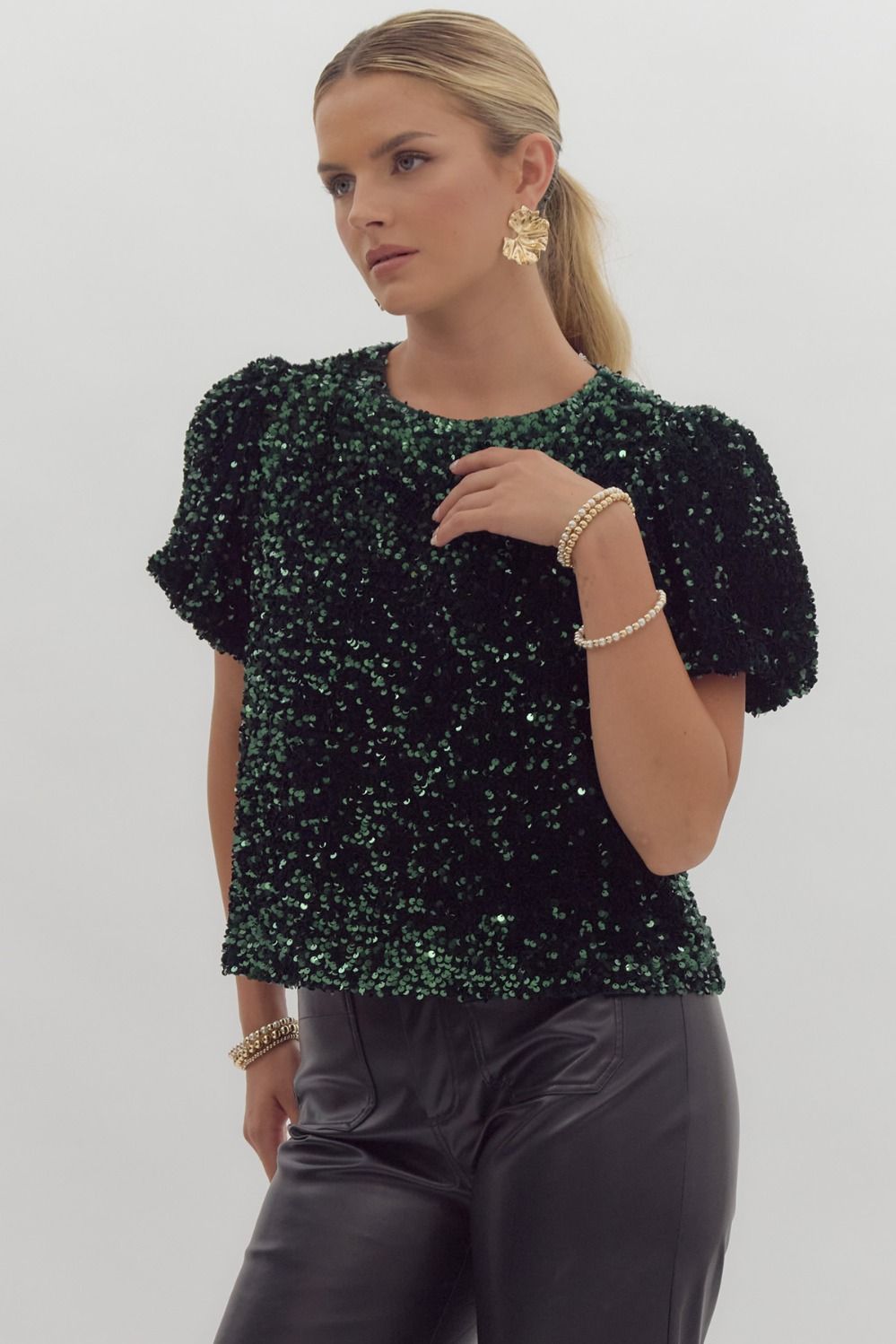 Sequin embellishments short bubble sleeve top w/ sequin bow closure at back