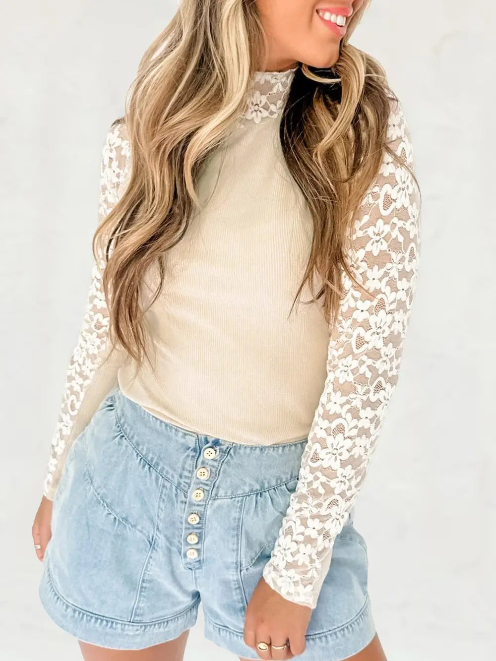 Beige Floral Lace Patchwork Long Sleeve High Neck