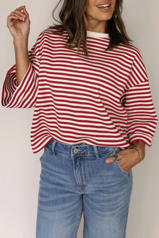 Red Stripe Bowknot Cutout Back Drop Shoulder Wide Sleeve Top