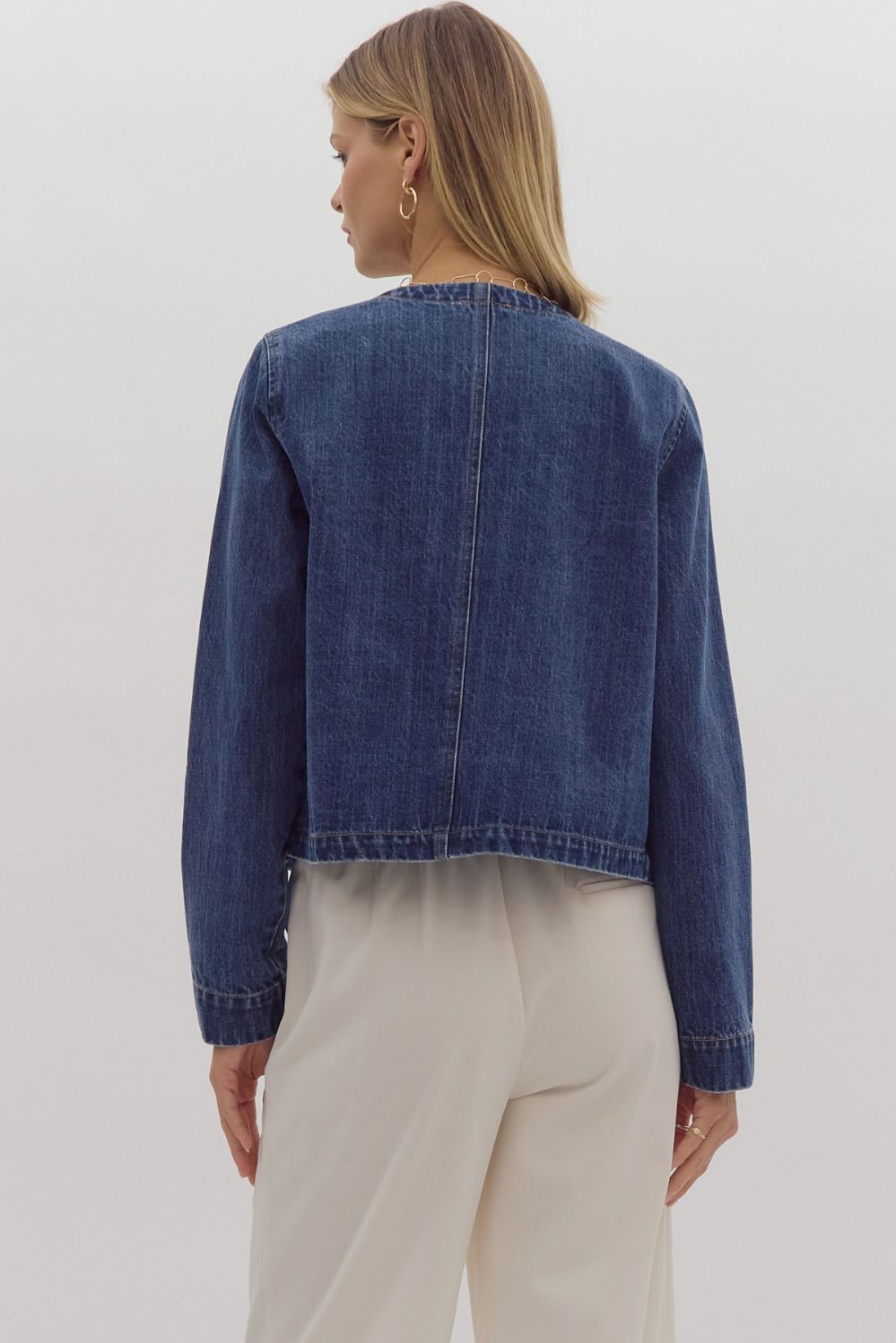 Denim long sleeve button up jacket w/ pockets at front gold button detail