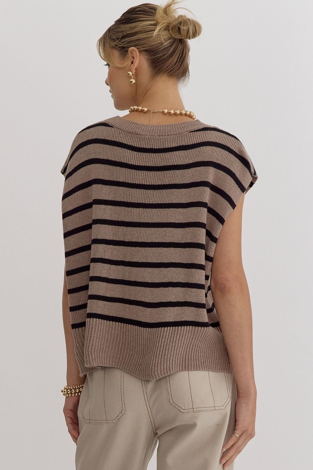 Stripe print round neck short sleeve knit top w/ slit at sides