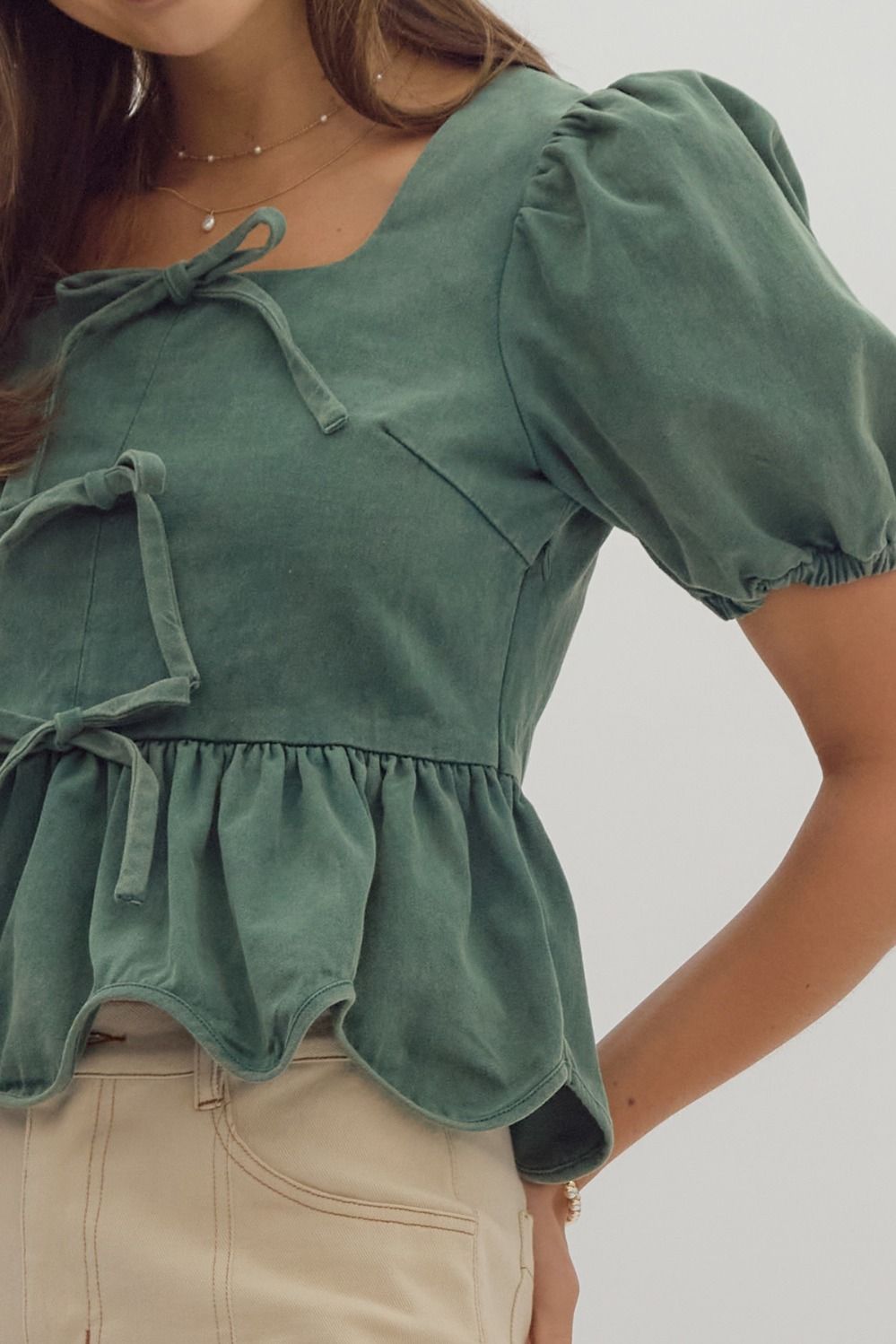 Solid Short Puff Sleeve Square Neck Ruffled Peplum Top w/ Bow Detail