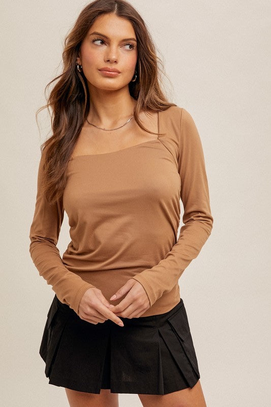 Rouched Waist Square Neck Brush Jersey Top