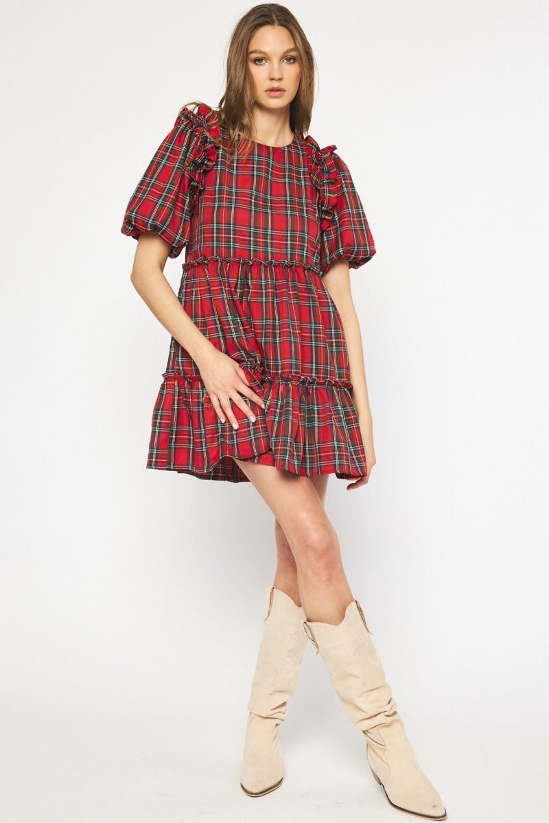 Plaid Short Sleeve Tiered Mini Dress w/ Ruffle Trim & Puff Sleeves
