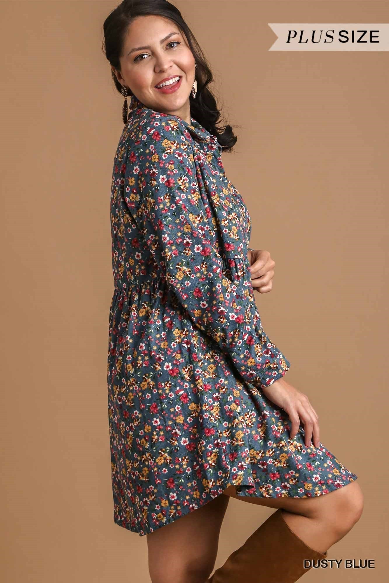 Floral Print Corduroy Collar Dress w/  Long Sleeves