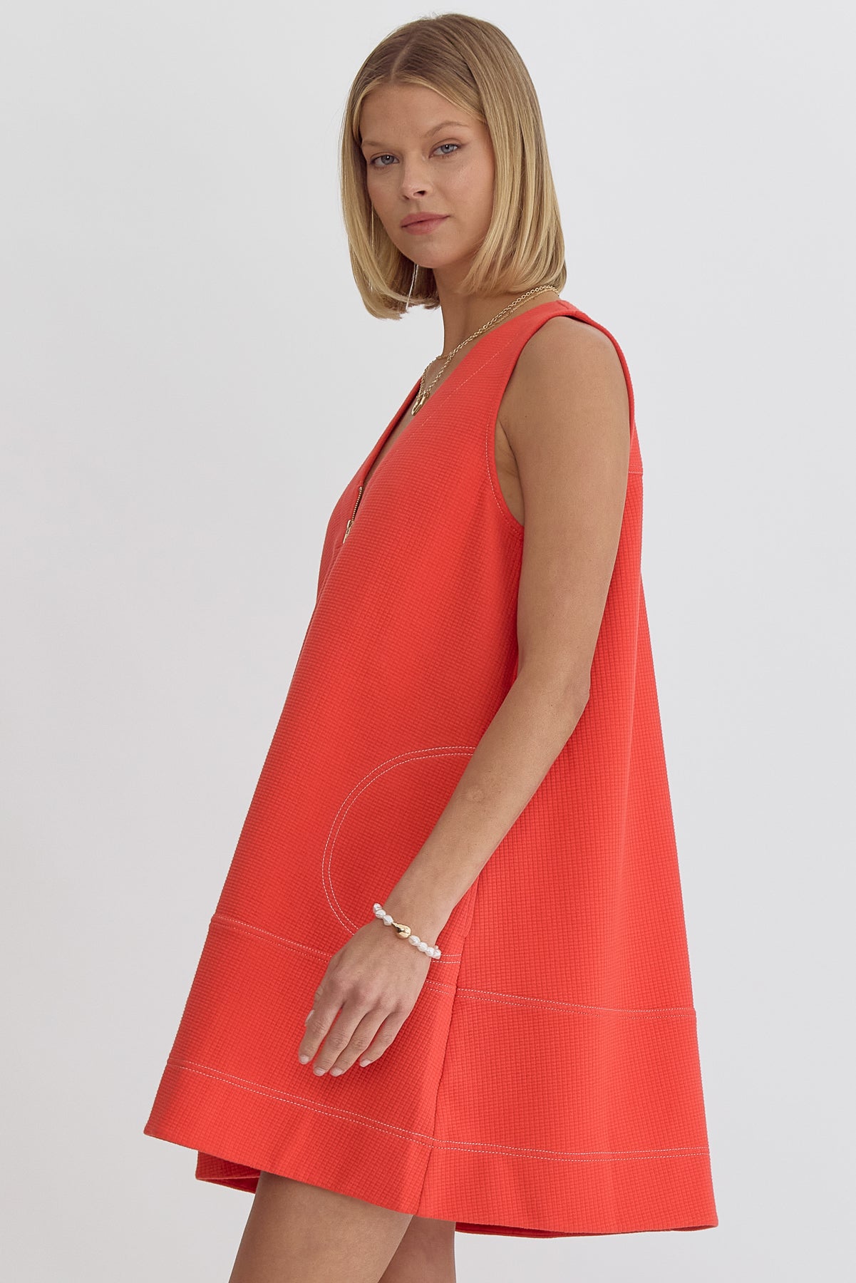 Solid V Neck Sleeveless Mini Dress w/ Front Zipper