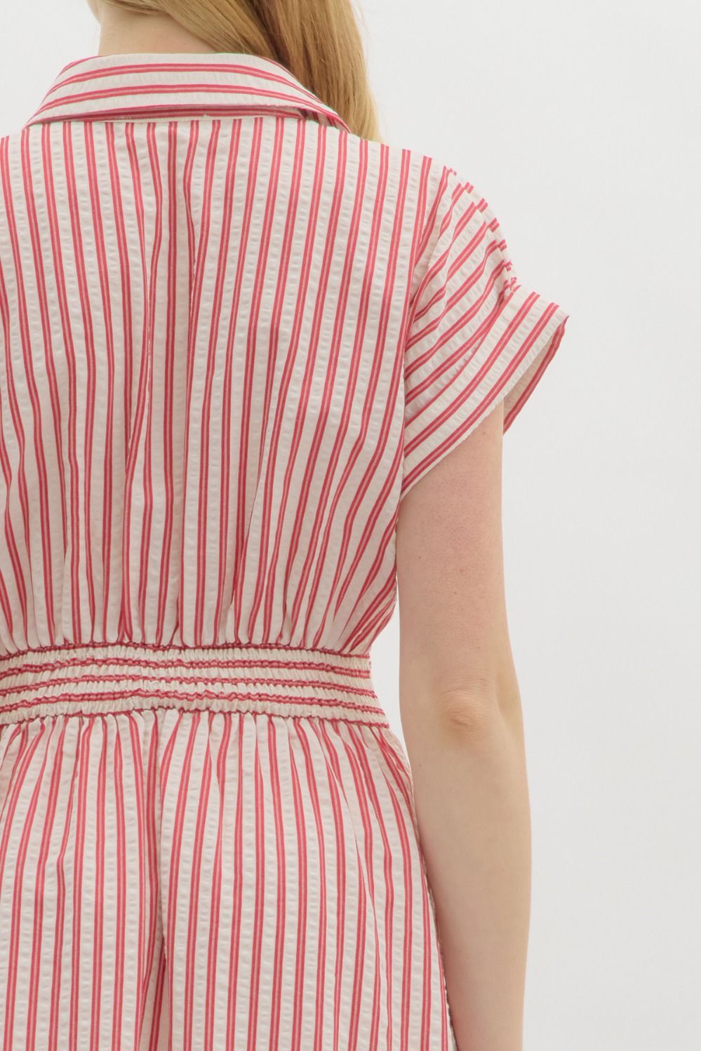 Stripe pattern surplice spread collar short sleeve pullover midi dress w/ faux button closure skirt, pockets, & smocked waist at back
