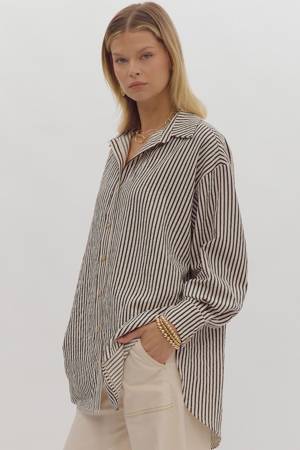 Stripe Collared Button Up Long Sleeve Oversized Top w/ Hi-Low Hem